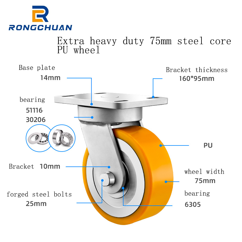 Super heavy duty caster universal wheel single wheel 3 tons super large load mechanical equipment MC nylon steel core PU forged steel wheel