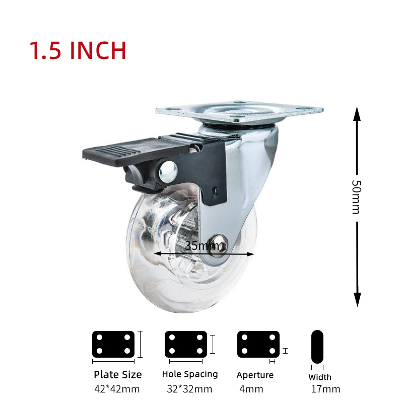 1.5/2/3 Inch Fully Transparent Caster Wheels With Double Brake Heavy Duty Furniture Caster High Load Capacity