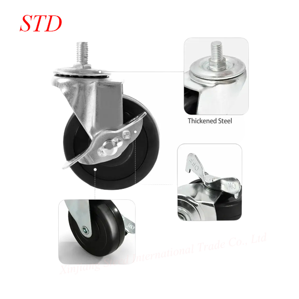 Threaded Stem Furniture Caster Wheel Swivel Rubber Heavy Duty wheels 1.5/2/2.5/3 inch Caster Wheel with Brake for shelves