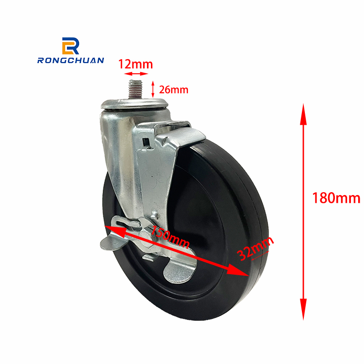 Heavy Duty Black Hard Rubber Caster Wheel With Side Brake M12 Thread Stem 6 Inch Wheel