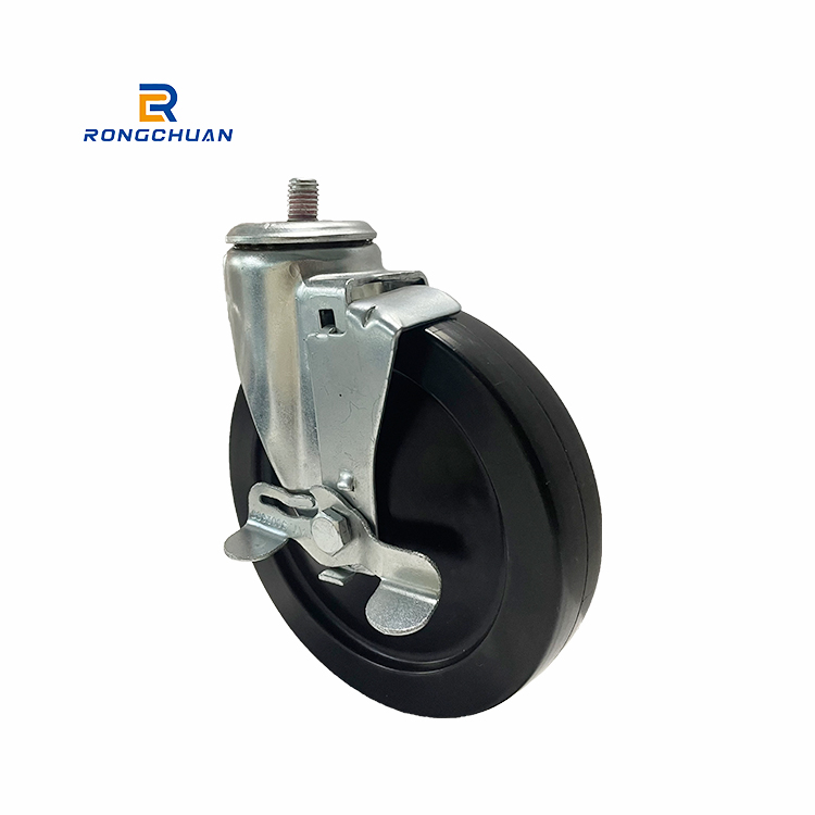 Heavy Duty Black Hard Rubber Caster Wheel With Side Brake M12 Thread Stem 6 Inch Wheel