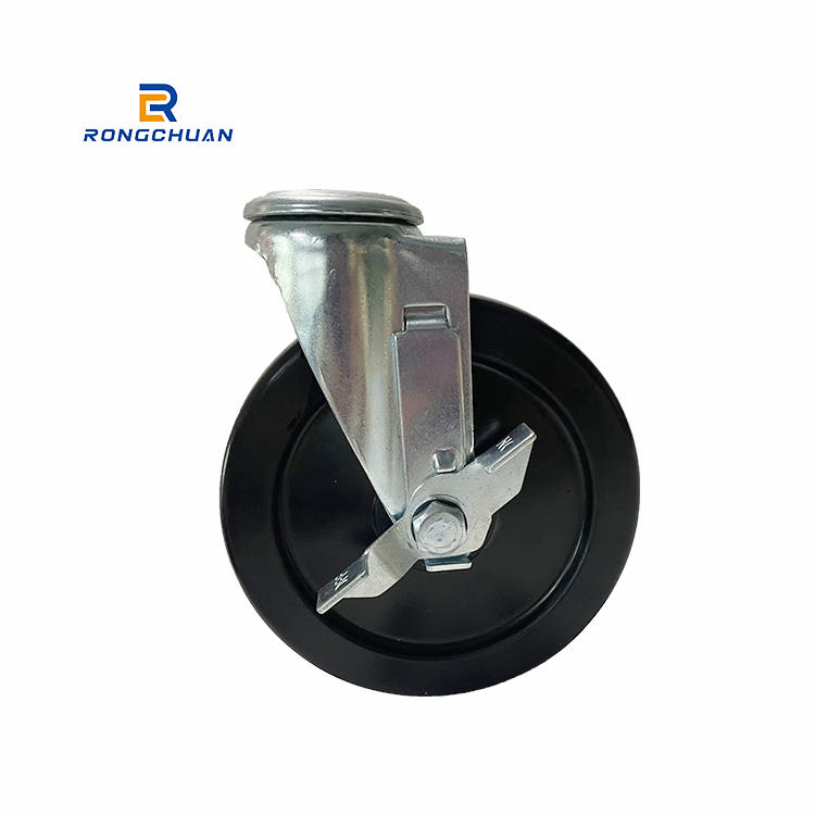 Heavy Duty Black Hard Rubber Caster Wheel With Side Brake M12 Thread Stem 6 Inch Wheel