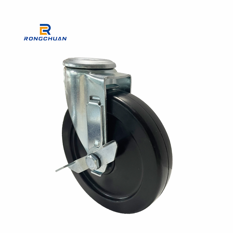 Heavy Duty Black Hard Rubber Caster Wheel With Side Brake M12 Thread Stem 6 Inch Wheel