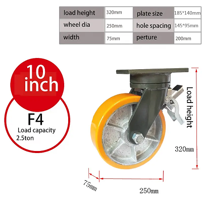2.5 ton PU Heavy duty 10 inch caster wheels with brake industrial caster wheel